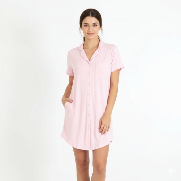 *Ekouaer Light Pink Button Up Sleep Dress - Picture 1 of 7